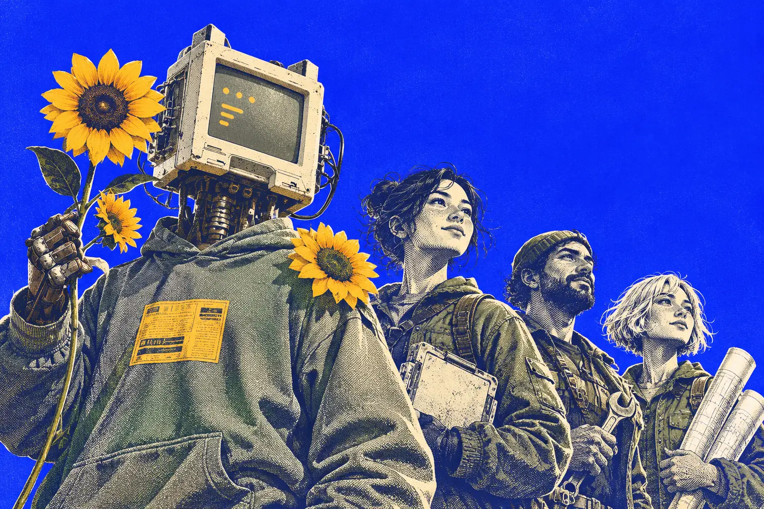 Runtime, a vintage computer-headed Chief of Staff, with a team of specialists
