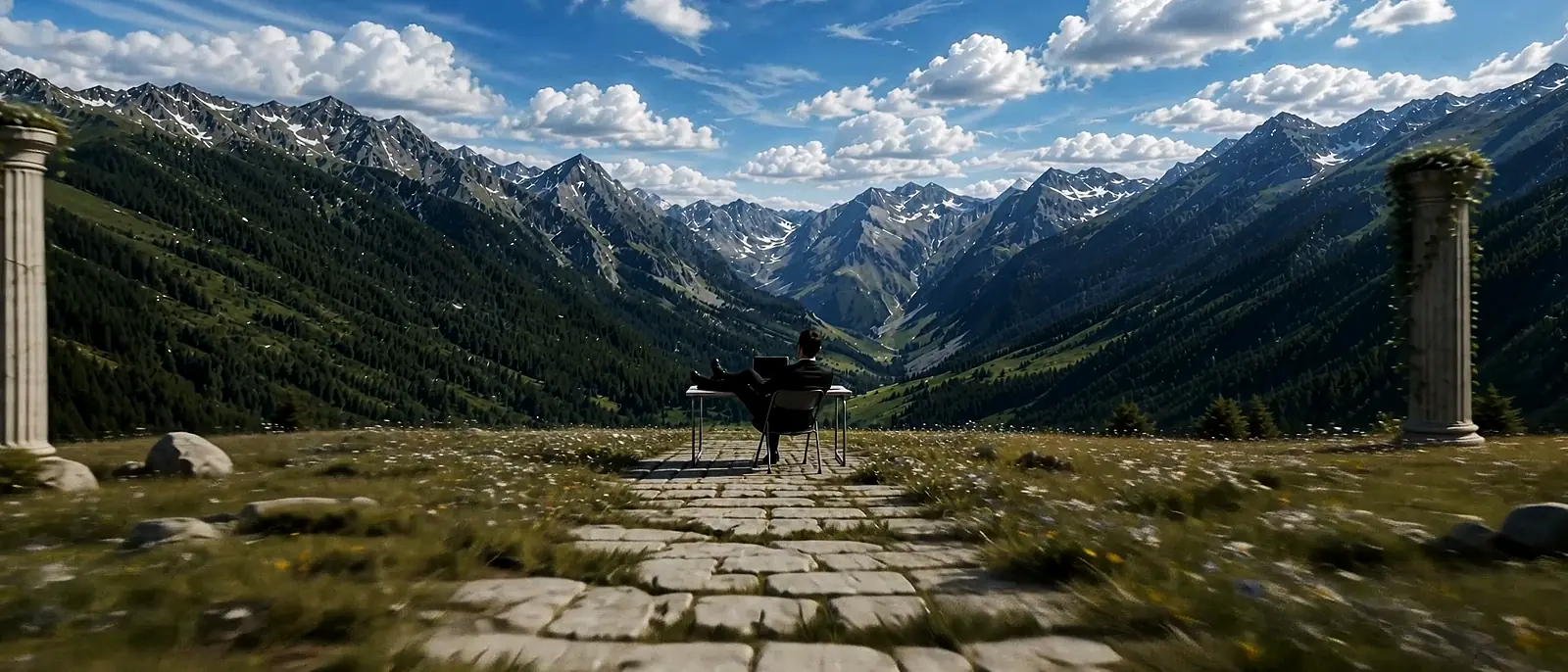 SINGULANCE cinematic landscape: a workspace looking out across a mountain valley